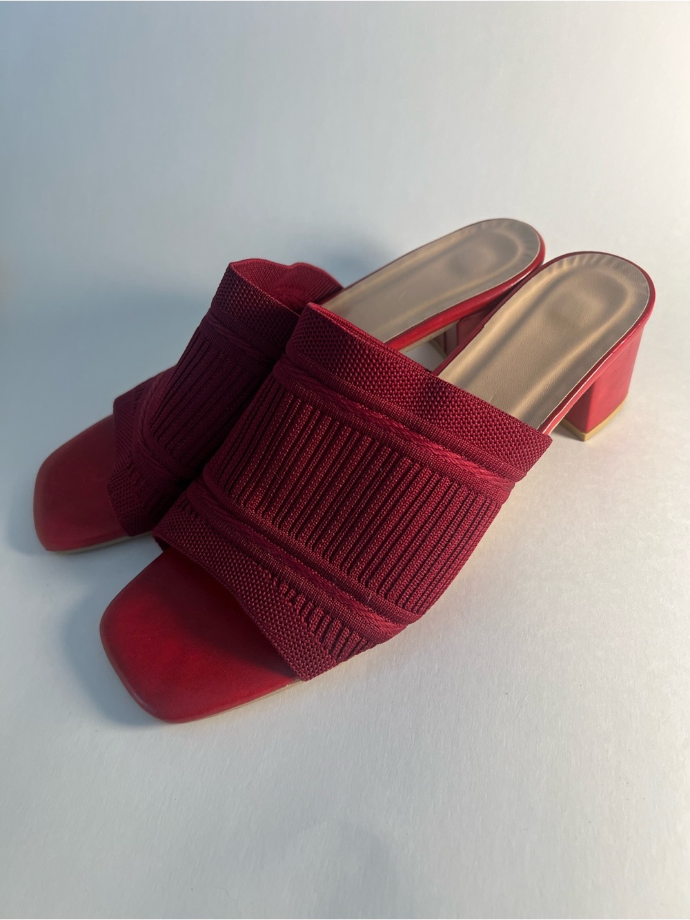 Deep Red Knit Block Heel Mule – Women's Slide Sandal Size 10